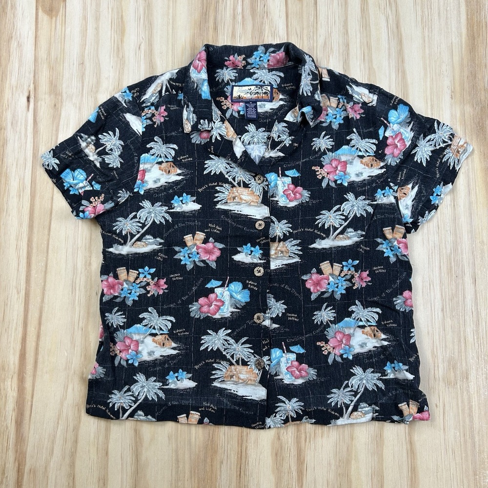 Havana Jack's Cafe Women's Hawaiian Shirt Blue Floral Medium Rayon Cropped Relax